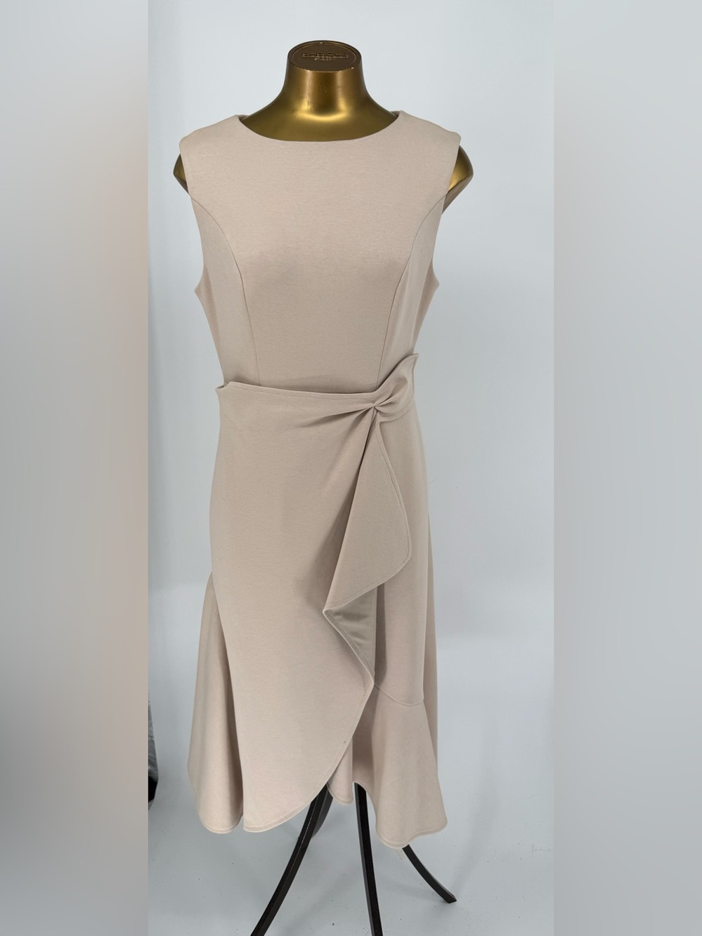 FEHAUTE Beige Asymmetrical Midi Dress with Draped Knot Waist Size 6